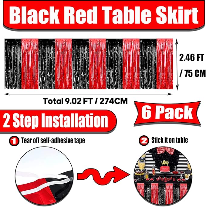 6 Pack 29x108 Inch Black Red Metallic Foil Fringe Tinsel Table Skirts - Image 2