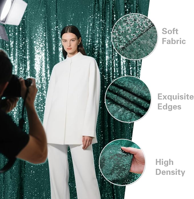 Dark Green Sequin Backdrop Curtain 2 Pieces 2FTx8FT Glitter Photography Backdrop - Image 6