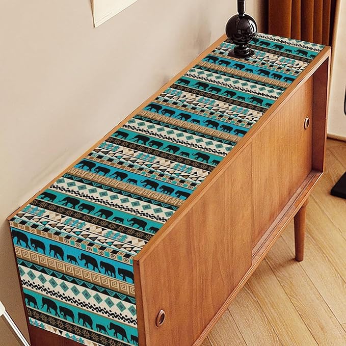 Boho Table Runner, Rustic Aztec Blue Teal African Elephant Tribal Ethnic Native - Image 2