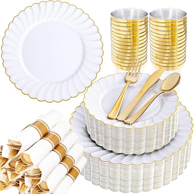 YOUBET 350PCS Gold Scalloped Plastic Plates by YOUBET