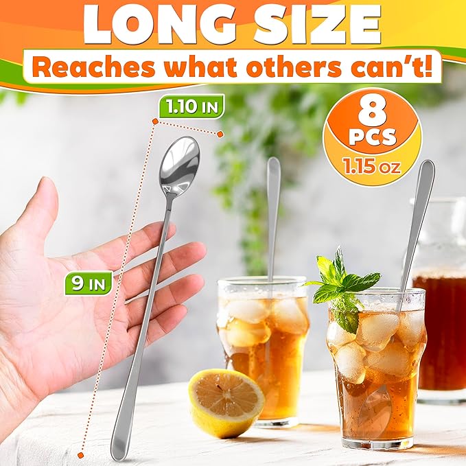 Ice Tea Spoons Long Stainless Steel Set of 8 – 9″ Iced Tea Spoons Long Handle - Image 2