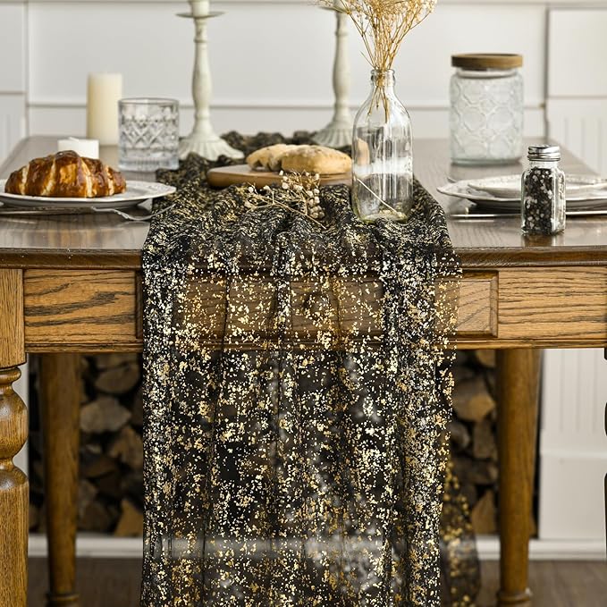 Artoid Mode Black Gold Gauze Table Runner 120 Inch 10FT, Glitter Metallic Foil - Image 2