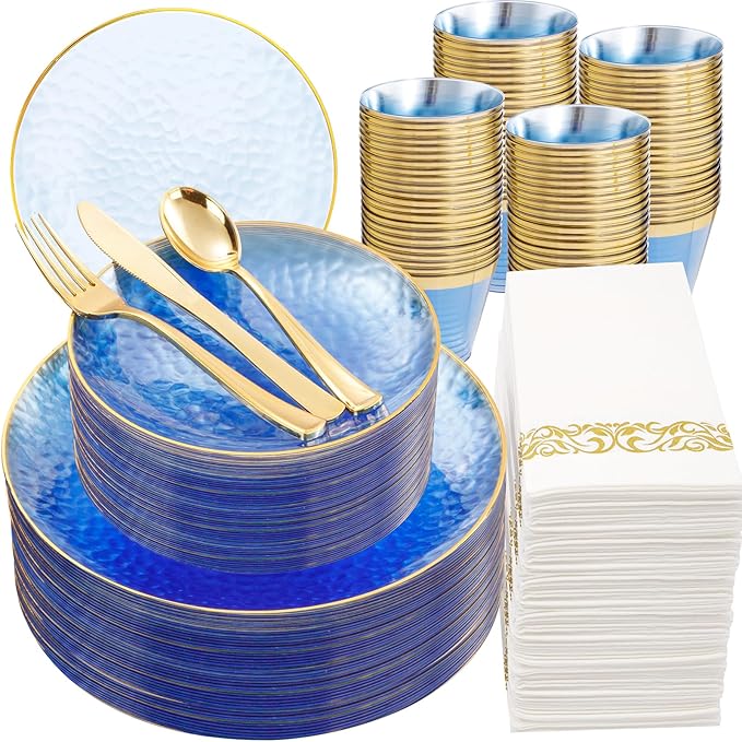 Rubtlamp 350 Pcs Clear Blue Plastic Plates, Hammered Party Plates Set by Rubtlamp