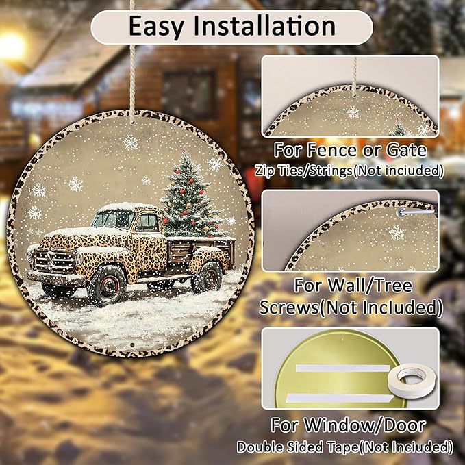 Round Leopard Truck Metal Tin Sign Rustic Wall Decor Christmas Wreath Sign - Image 3