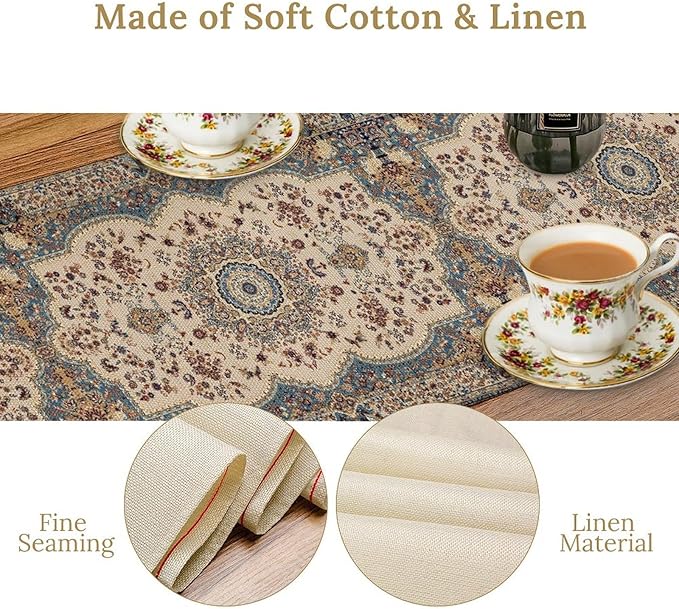 Boho Bohemia Style Table Runner, Vintage Blue Teal Gold Retro Flower Rustic - Image 6