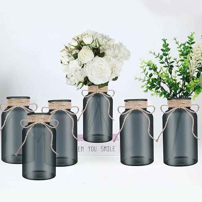 Vintage Glass Flower Vase，6 Pack Farmhouse Black Glass Centerpiece Vases Mason by LEYIQUCHAMPAGNEWINEGLASSES