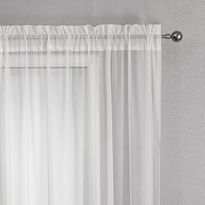 VISIONTEX White Sheer Voile Curtains, Decorative White Embossed Drip Rod Pocket - Image 3