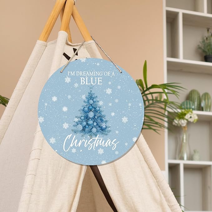 CGBHW Blue Christmas Tree Wooden Sign, Winter Holiday Theme Hanging Sign Wall - Image 5