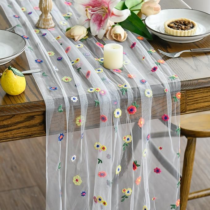 Artoid Mode 3PCS Embroidery Daisy Gauze Table Runner 120 Inch 10FT, Seasonal by ArtoidMode