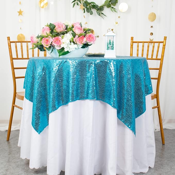 ShinyBeauty Turquoise Sequin Tablecloth, Elegant Table Overlay, All-Season - Image 2