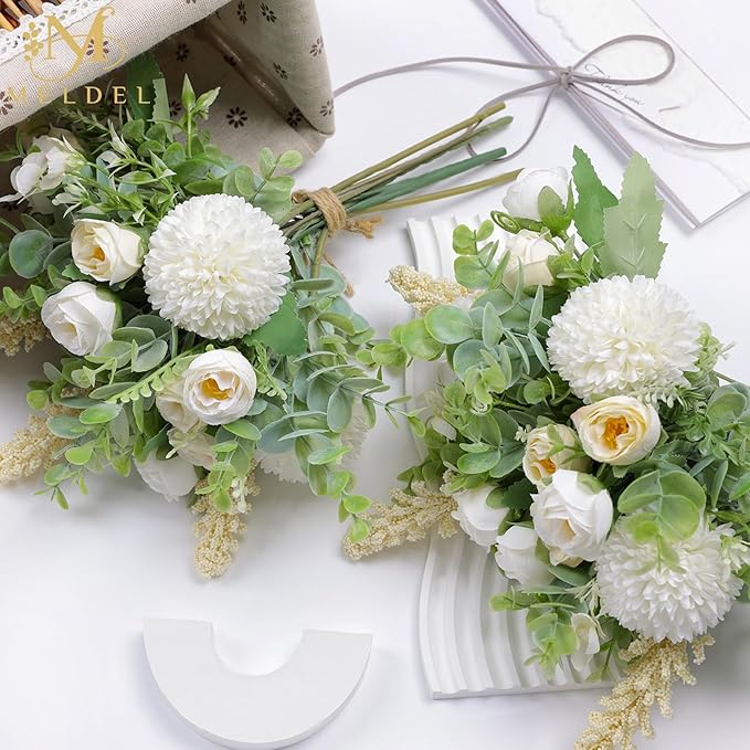 Meldel 3Pcs Rose Bouquet White&Champagne Artificial Flowers Eucalyptus Plants - Image 6