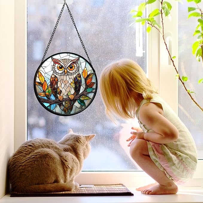 Stained Glass Window Hanging, Owl Colorful Leaves Birds Sun Catchers Diamond - Image 2