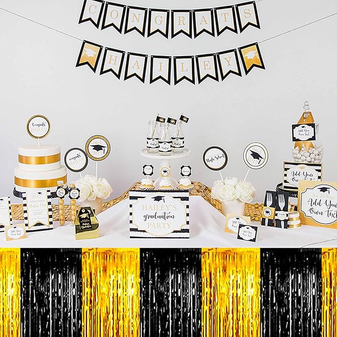 3 Pack 29 x108 Inch Black and Gold Foil Fringe Table Skirts Metallic Banner - Image 6