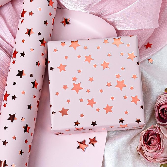 Burymento Gold Foil Five-Pointed Star Wrapping Paper, Reversible Pink Gift Wrap - Image 3