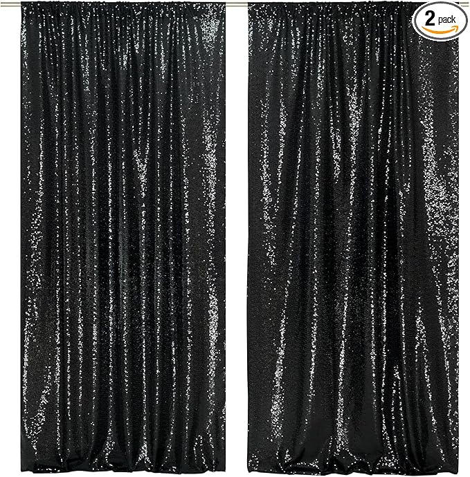 SquarePie Sequin Backdrop Curtain 8FT x 10FT Black Satin Backing Fabric by SquarePie