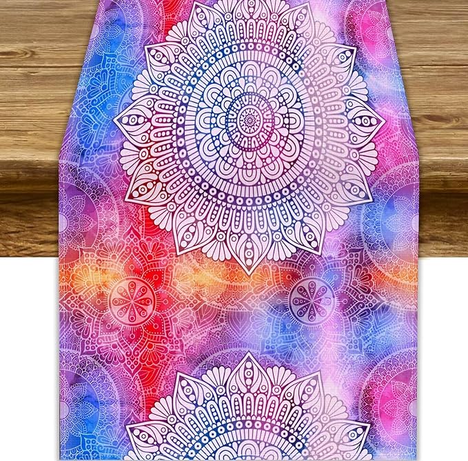 Vintage Mandala Table Runner, Bohemian Indian Purple Starry Colorful Floral by JanJCurt