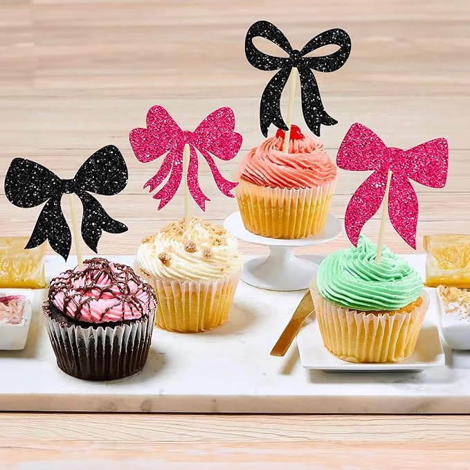 Gyufise 36Pcs Bow Cupcake Toppers Glitter Bowknot Cupcake Picks Bow Tie - Image 7