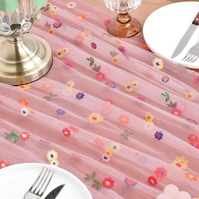 Joanlody 3pcs Blushing Pink Embroidery Daisy Fall Thanksgiving Table Runner - Image 5