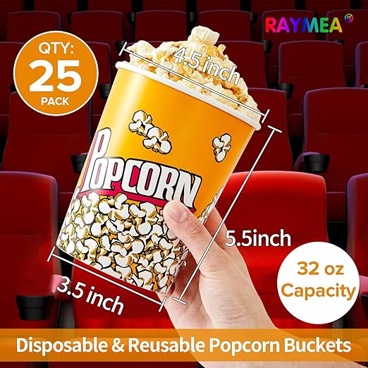 RAYMEA Popcorn Buckets Disposable 32oz Retro Style Paper 25 Pack Leak Proof - Image 2