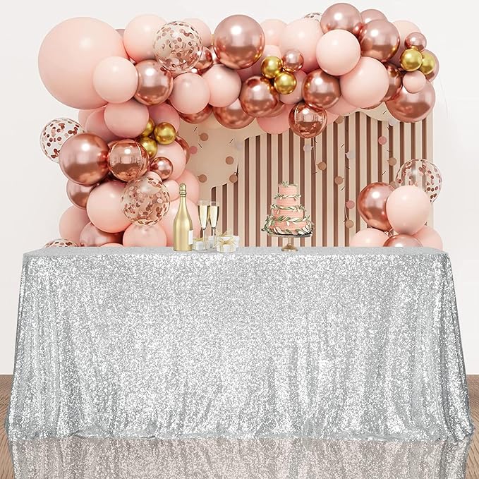 SquarePie Sequin Tablecloth 90 x 156 Inch Silver Sparkly Table Linen - Image 2