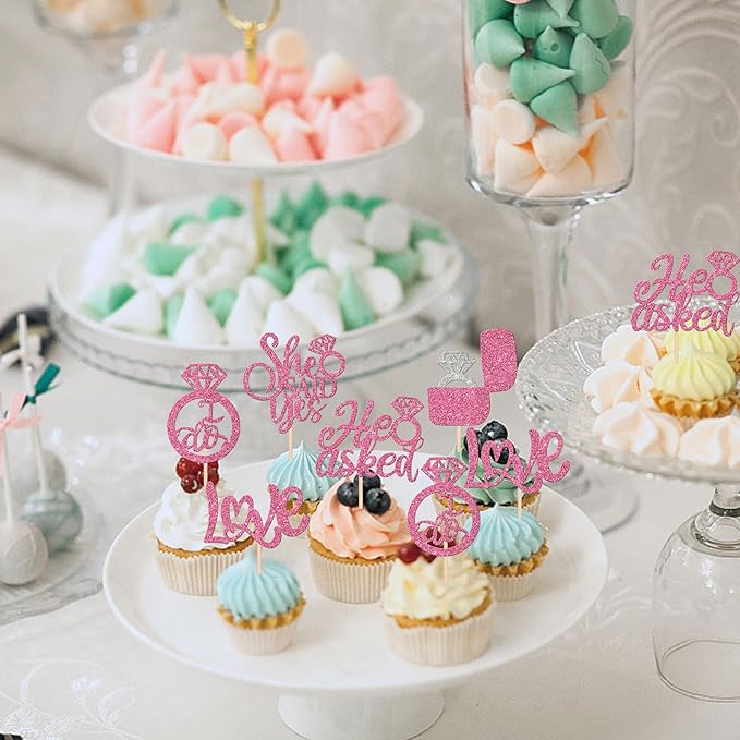30 PCS He Asked She Said Yes Cupcake Toppers Diamond Ring Cupcake Picks Love I - Image 5