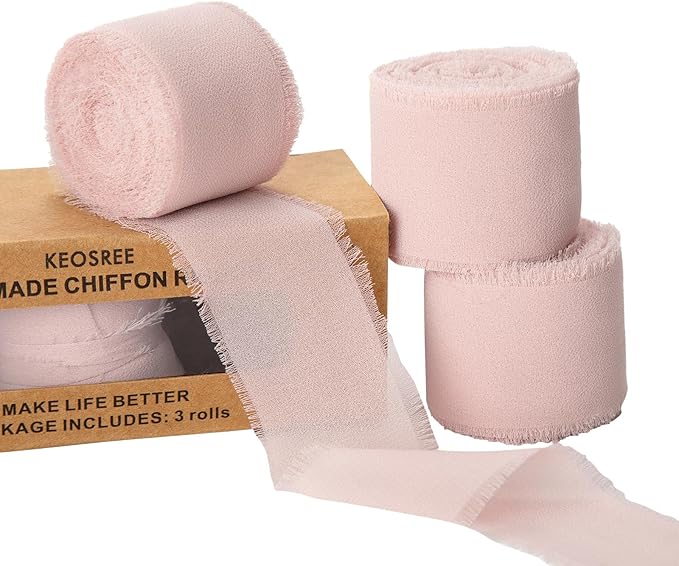 3 Rolls Light Pink Handmade Chiffon Ribbon, 1.5" x 21Yd Frayed Fringe Silk by KEOSREE