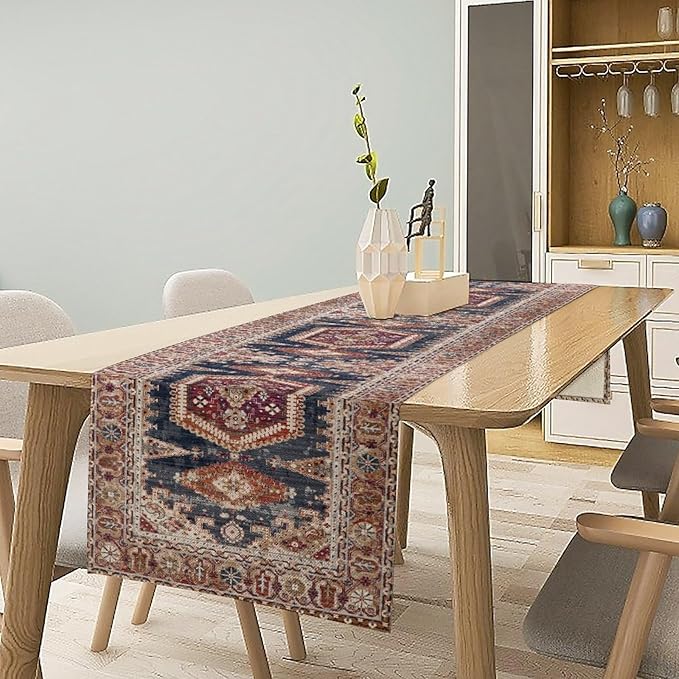 Vintage Boho Table Runner, Flower Geometric Design Rustic Farmhouse Table Runner - Image 2