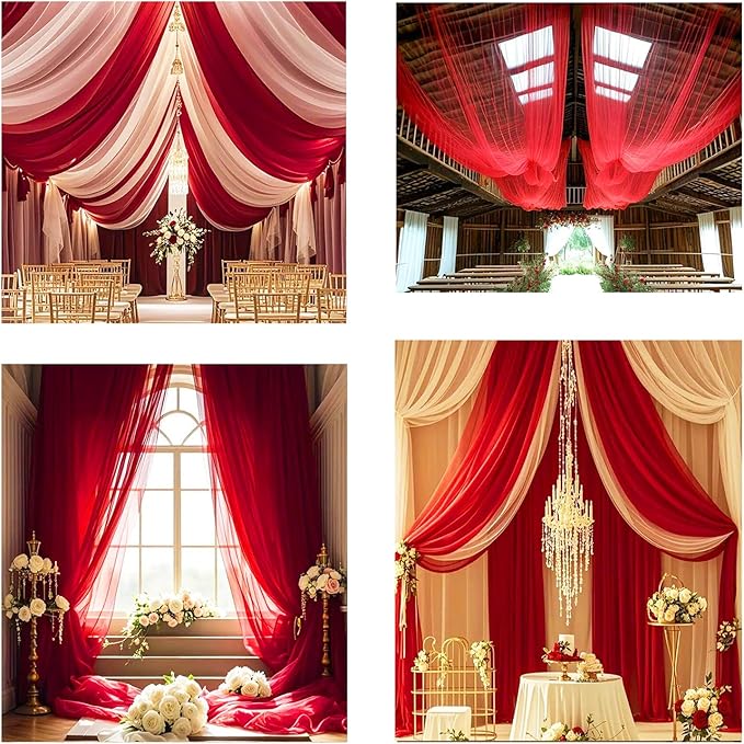 DUOBAO Chiffon Ceiling Drapes 20ft Red Wedding Backdrops Sheer Backdrop Curtains - Image 4