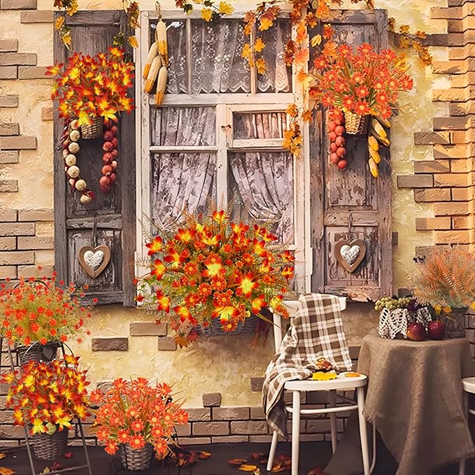 16Pcs Artificial Fall Flowers Outdoor Fake Fall Plants UV Resistant Autumn - Image 5