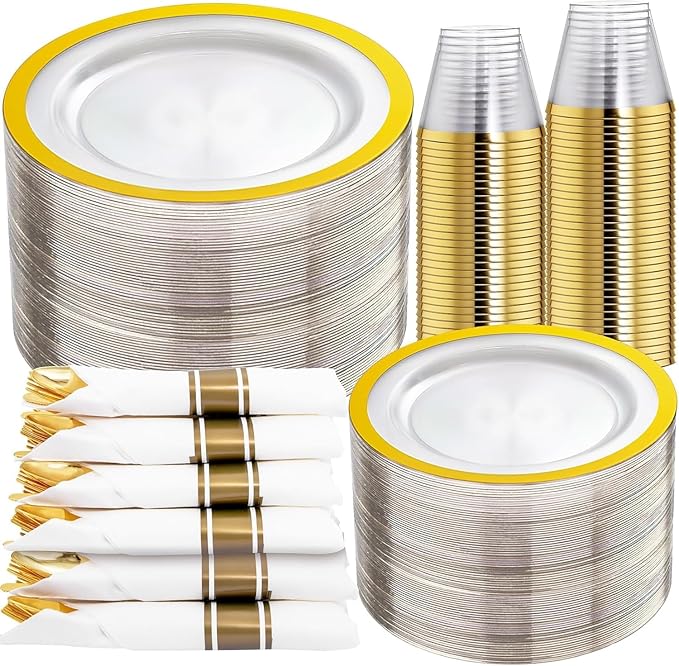 Rubtlamp 350 Pcs Clear Gold Plastic Plates, Disposable Dinnerware, 50 Cups by Rubtlamp