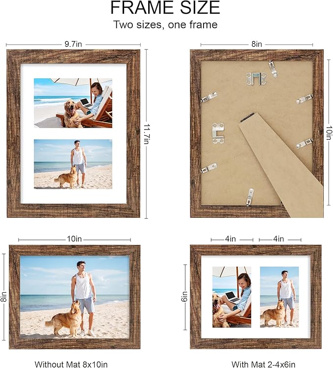 8x10 Picture Frame Set of 2, Rustic Brown Wood Frame - Image 2