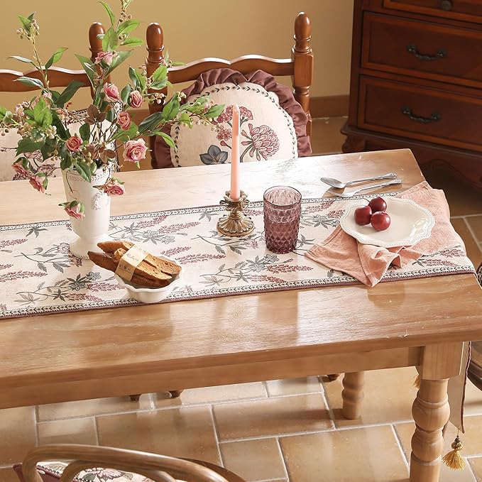 ISAENNE Designer Light Beige Linen Table Runner 87 Inches Long, Vintage Floral - Image 8