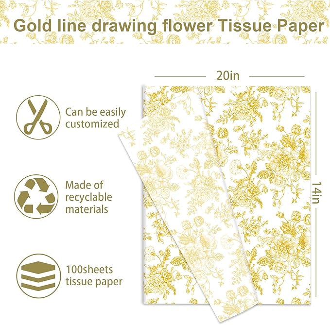 JarThenaAMCS 100 Sheets Floral Tissue Paper Gold Flower Gift Wrapping Paper - Image 2