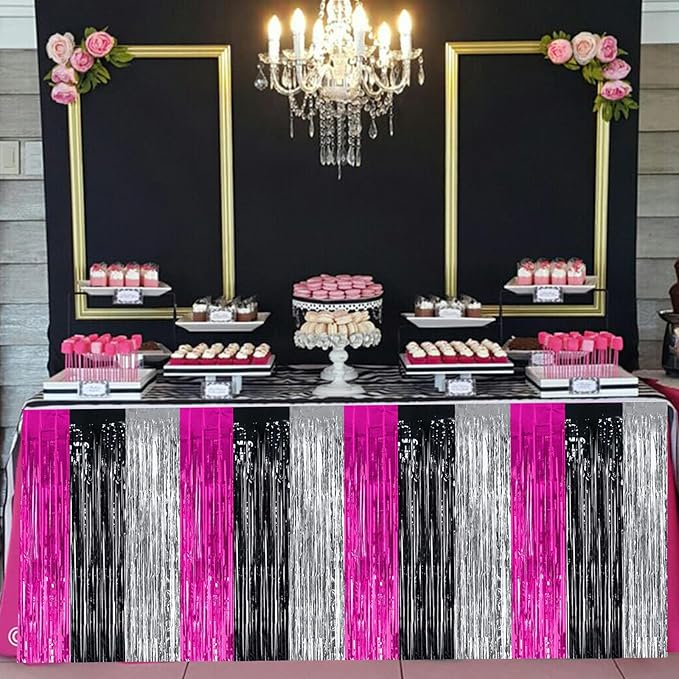 BEISHIDA 2 Pack Hot Pink Black Silver Table Skirts Party Decorations Metallic - Image 4