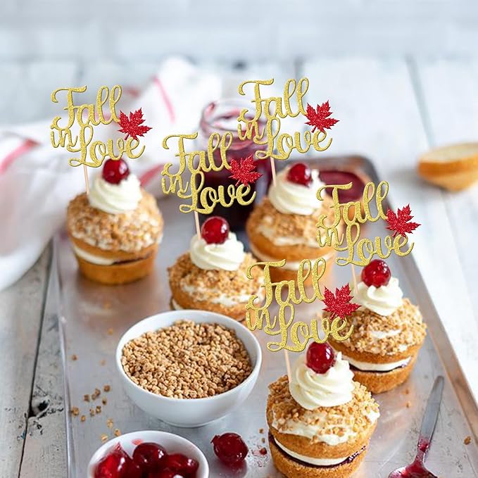 24 PCS Fall in Love Cupcake Toppers Glitter Maple Leaf Fall Theme Bridal Shower - Image 4