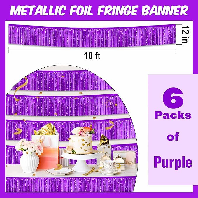 6 Pack 10 Ft Purple Foil Fringe Garland Metallic Streamers Tinsel Banner Wall - Image 2