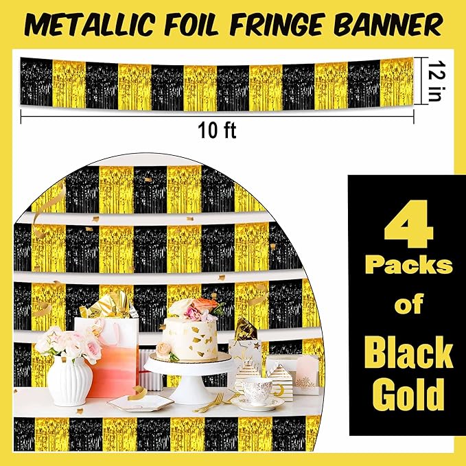 4 Pack 10 Ft Black and Gold Foil Fringe Garland Metallic Streamers Tinsel - Image 2