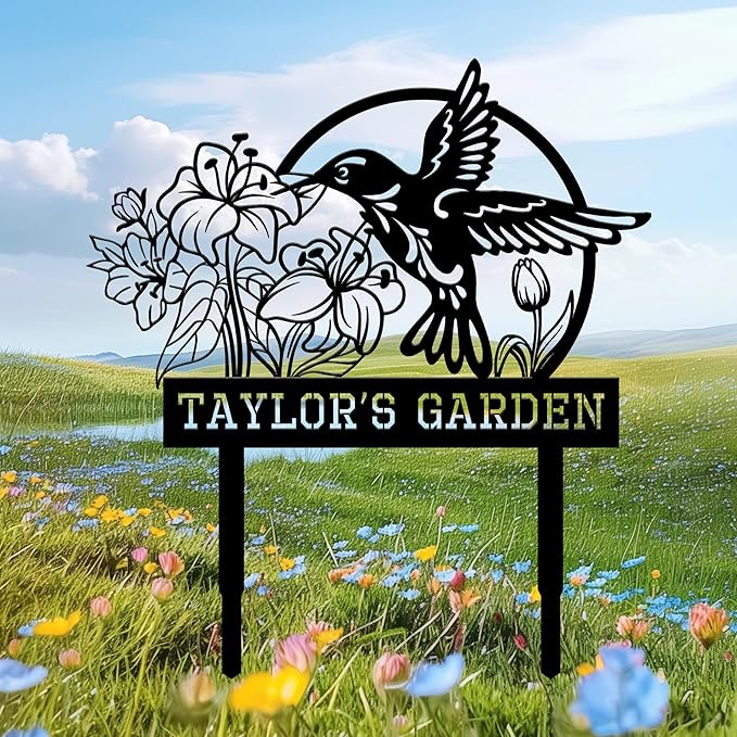 Personalized Garden Signs for Outside, Custom Metal Hummingbird Flowers Garden by BMYDIY