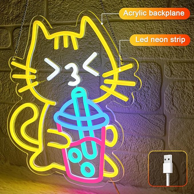 Cat Boba Tea Neon Sign Yellow Cat Led Neon Signs - Image 2