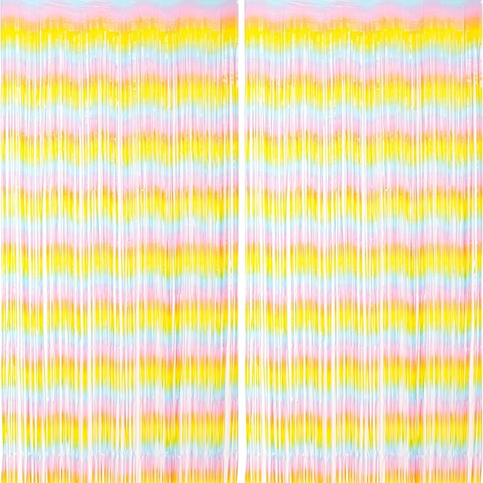 2 Pack Pastel Rainbow Foil Fringe Backdrop Curtains, Tinsel Streamers Birthday by Voircoloria