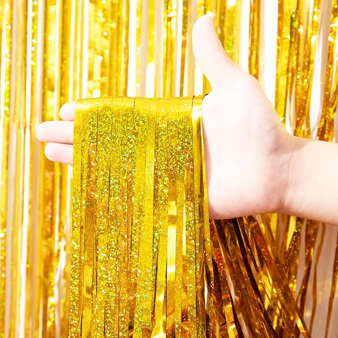 2 Pack Laser Gold Tinsel Foil Fringe Curtains, Metallic Tinsel Party Streamers - Image 8