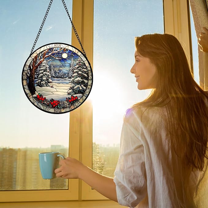 Stained Glass Window Hanging Christmas Tree Winter Snow Night Scenery 7.8" - Image 2