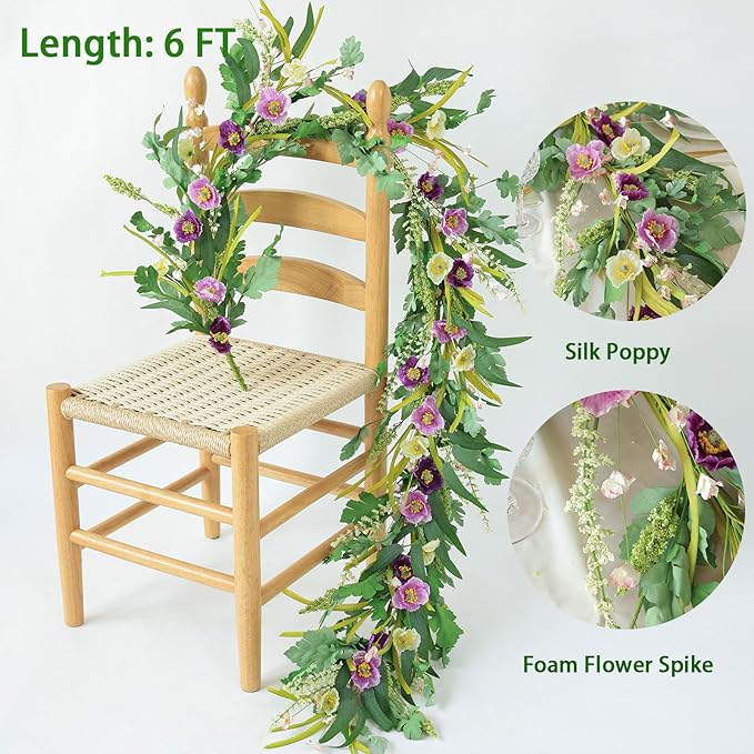 Mizii Purple Artificial Flower Garland 6FT Fake Poppy Floral Garland Hanging - Image 2