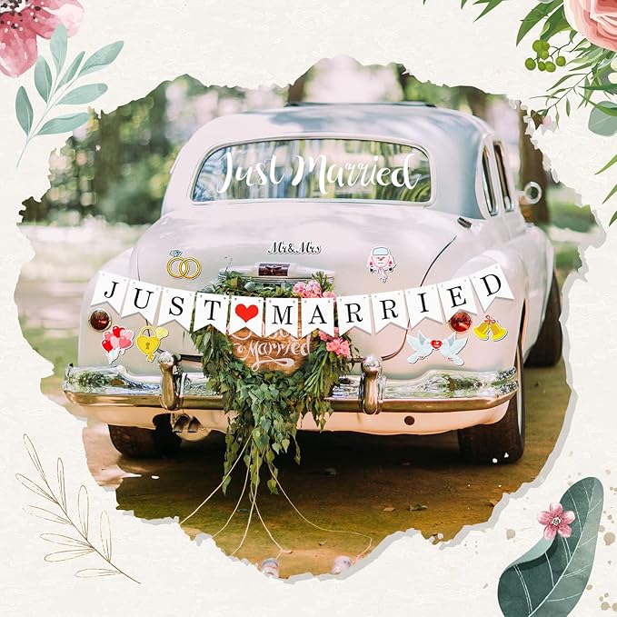 16 Pcs Just Married Car Decorations Include 14 Assorted Ornate Car Magnets Just - Image 2