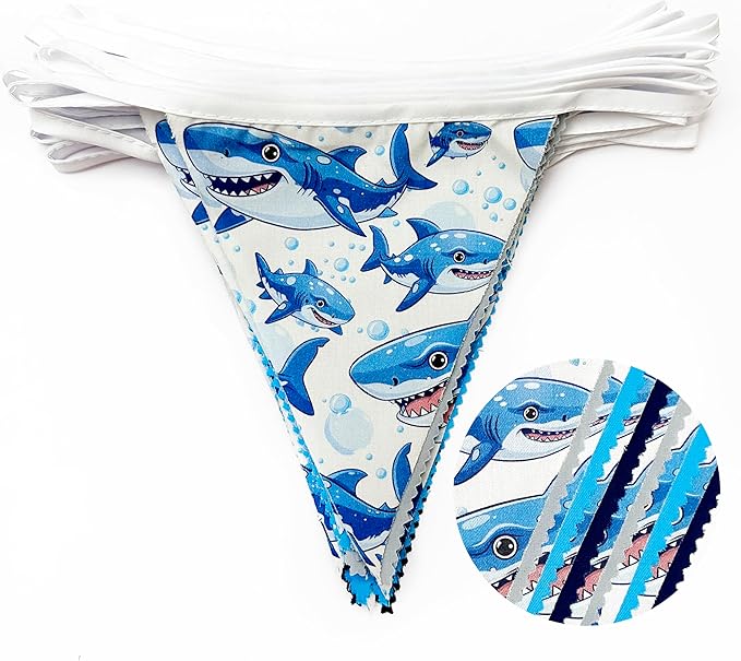 32Ft Shark Party Decorations Blue Cute Shark Triangle Flag Pennant Banner - Image 2