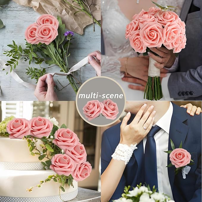 200PCS Artificial Flowers Pink Roses Real Looking Foam Fake Roses - Image 7