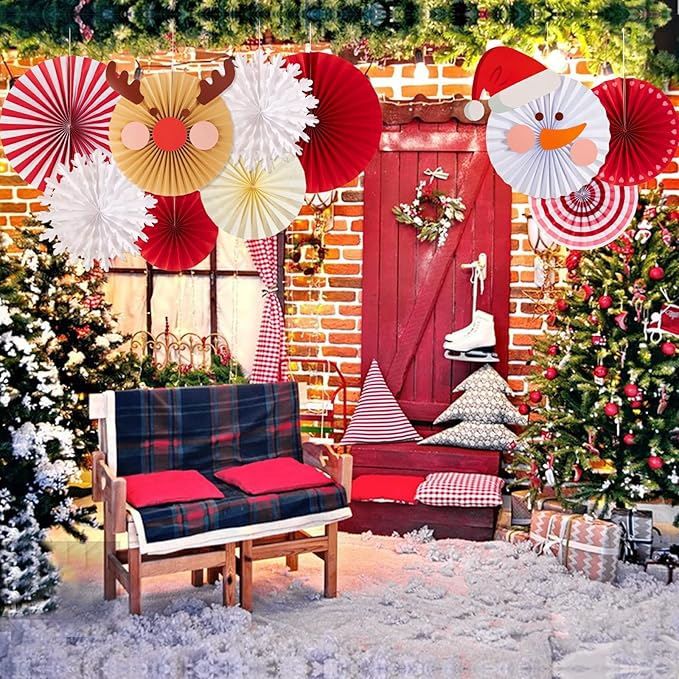 Christmas Hanging Paper Fans Decoration Red White Xmas Snowman Party Ceiling - Image 5