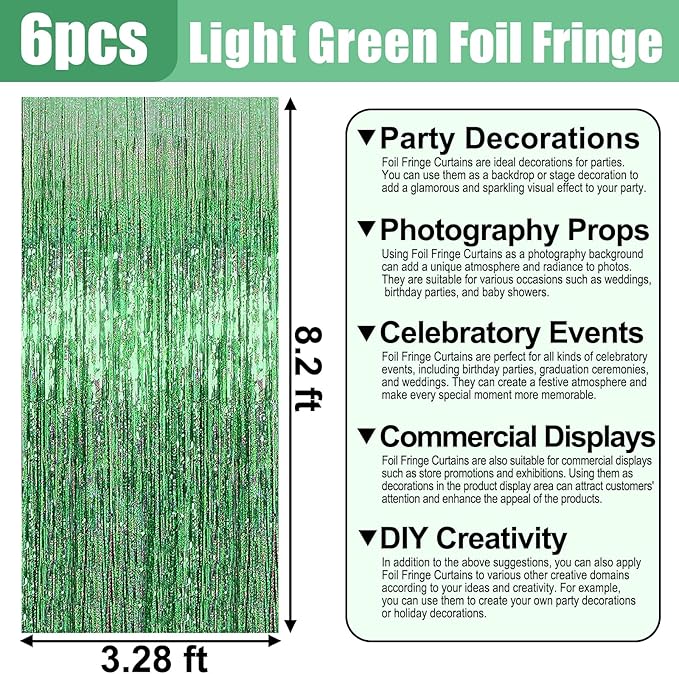 6 Pack Light Green Foil Fringe Curtain Backdrop, 3.28Ft x 8.2Ft Metallic Tinsel - Image 2