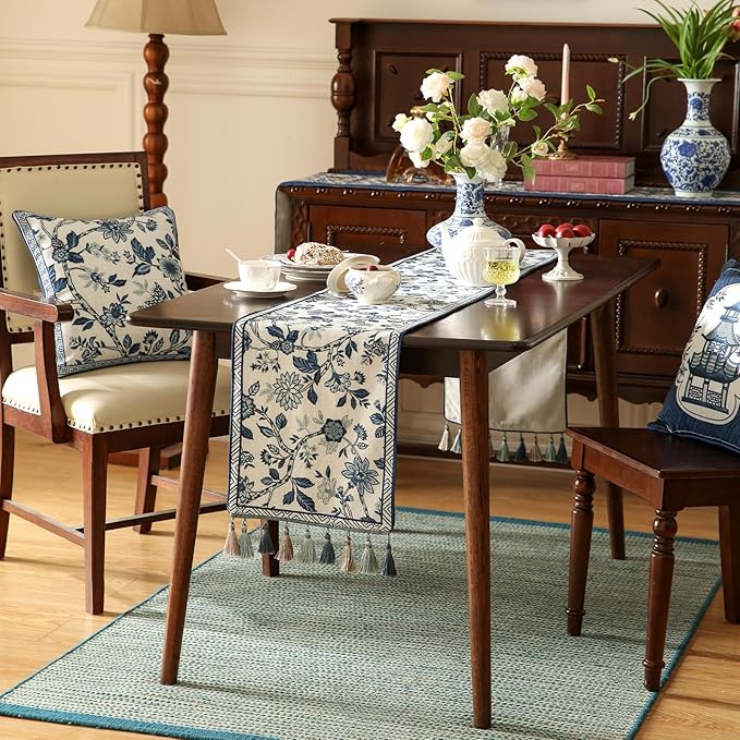 Decorative Linen Table Runner 71 Inches Long, Chinoiserie Blue Floral Cloth - Image 8
