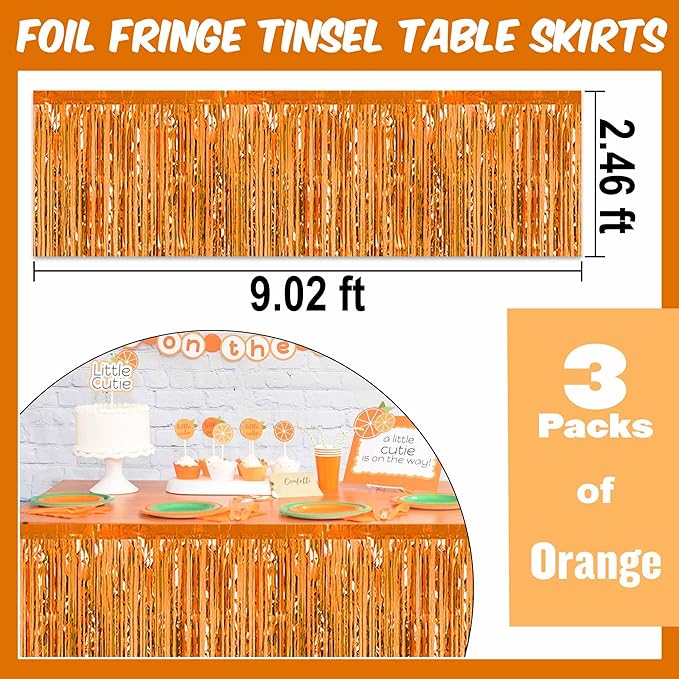 3 Pack Orange Foil Fringe Table Skirts Metallic Tinsel Streamers Garland Banner - Image 2